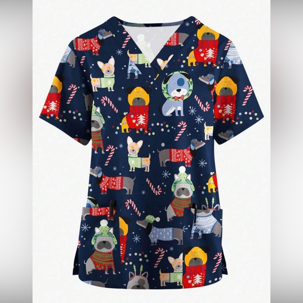 Festive Dog Print Scrub Top